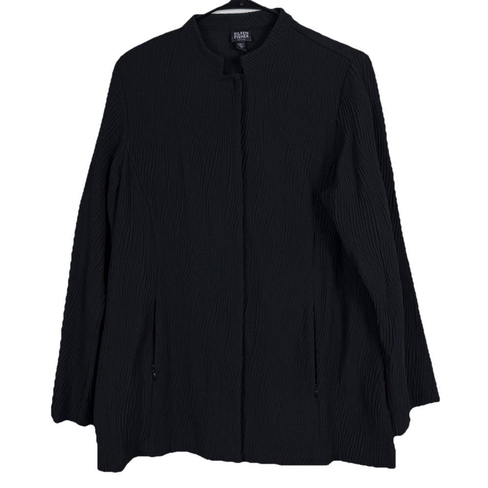 Eileen Fisher Women PL Black Textured Knit Snap Jacket Zip Pockets Viscose Blend